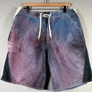 RS Surf Mens Board‎ Shorts Purple Blue Honeycomb Print Size 34 Cargo Pocket Swim